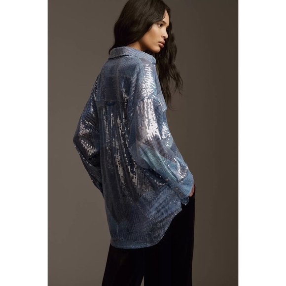 Anthropologie PILCRO Long-Sleeve Oversized Sequin Buttondown Blue Button Up XS - Picture 9 of 16